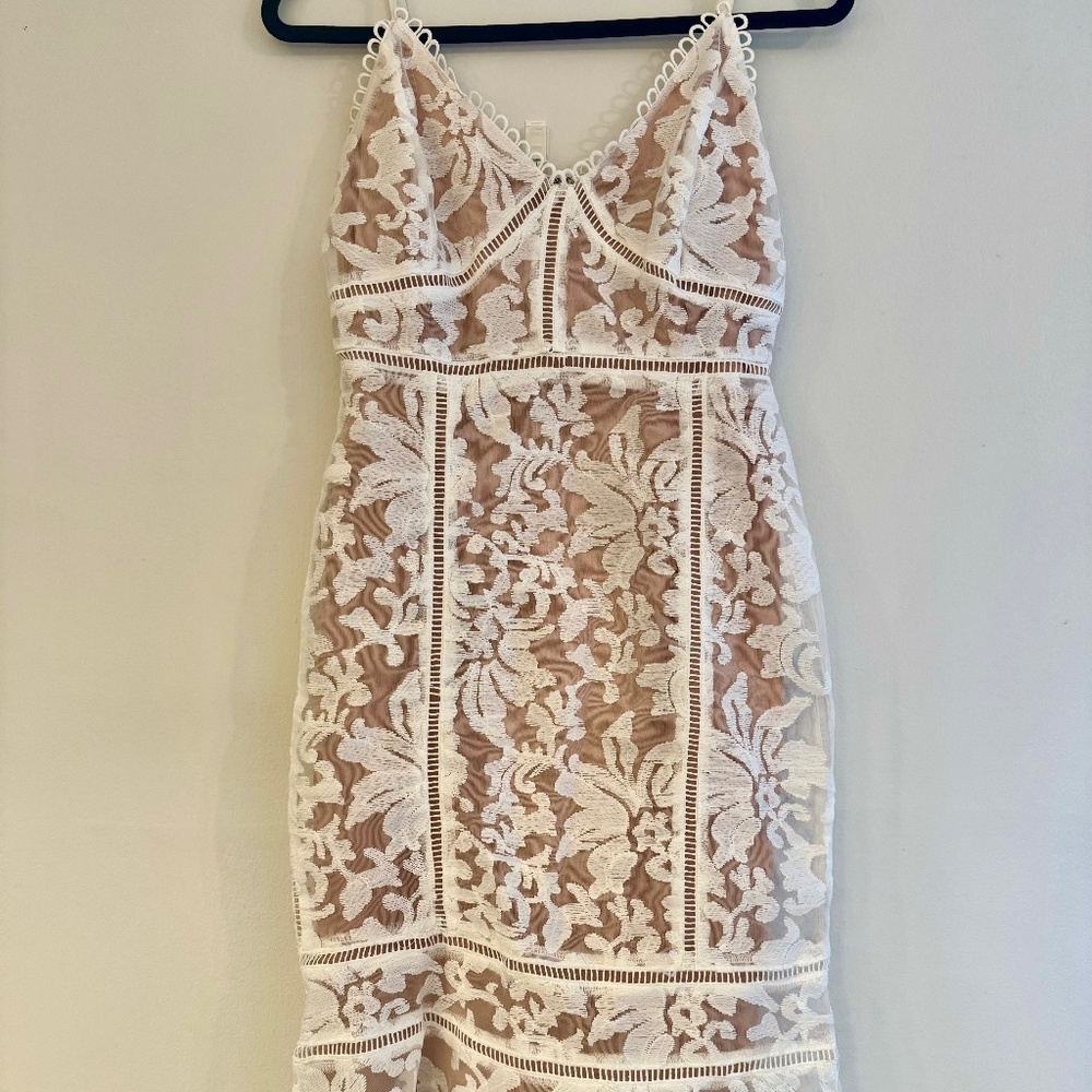 Lulu's Alluring Love White and Beige Lace Midi Dress